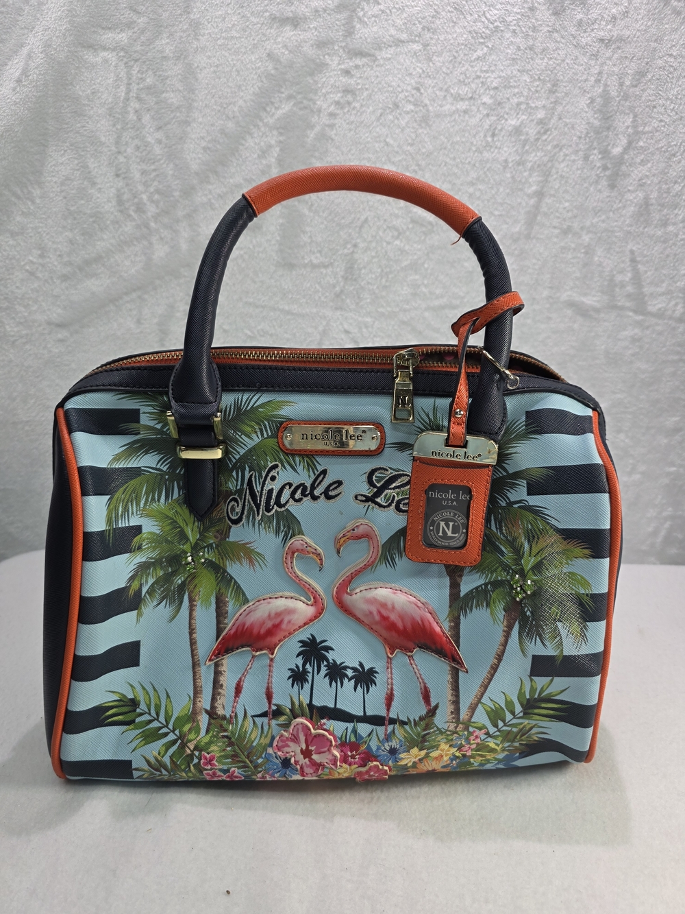 Nicole Lee Teal Tropical Flamingo Dome Satchel Bag with Orange Trim